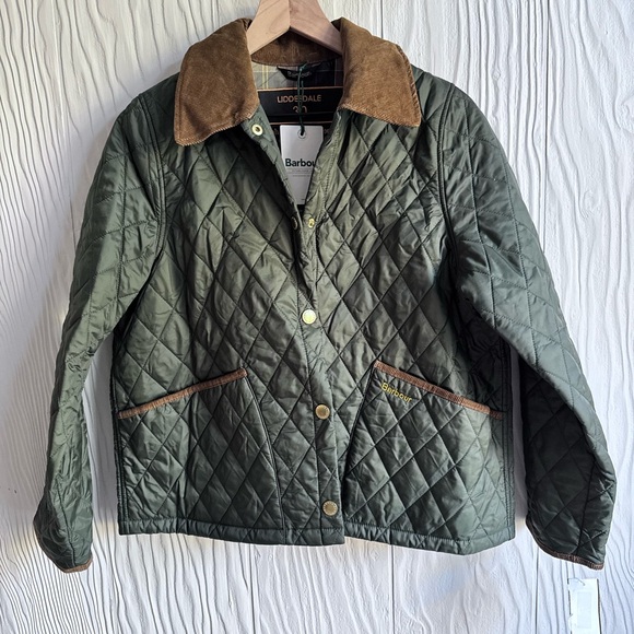 Barbour Olive Quilted Puffer Coat with Brown Trim - Picture 2 of 13